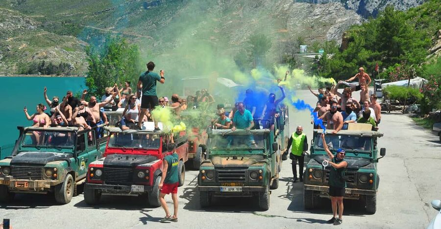 Jeep Safari-Lunch-Boat-Canyon-Waterfall-Foam,Water Party - From Side pickup to the first engine rumble